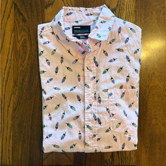 public opinion Other - Pink Feather Print Casual Button-Down Shirt